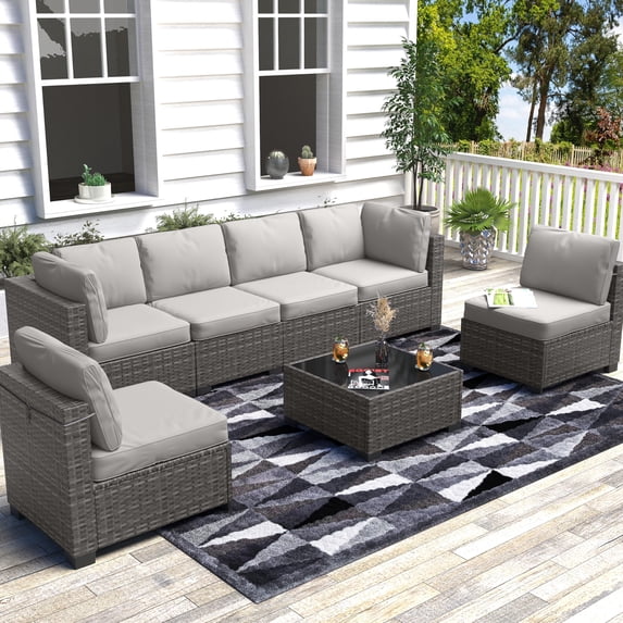 7 Pieces Patio Furniture Set,Outdoor Rattan Conversation Sets with Detachable Soft Cushions and Waterproof Patio Sectional Sofa and Glass Top Table,Suitable for Indoor & Outdoor Use