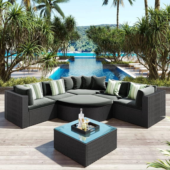 Vanress 7 Pieces Patio Furniture Set, Outdoor Sectional Rattan Sofa Set, Wicker Patio Conversation Set with Cushions and Glass Coffee Table, for Patio, Balcony, Porch, Garden, Grey