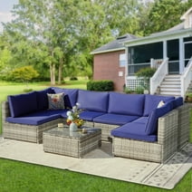 7 Pieces Patio Furniture Set,Outdoor Sectional Sofa PE Rattan Wicker Patio Conversation Set with Cushion and Tempered Glass Table(Grey+Navy Blue)