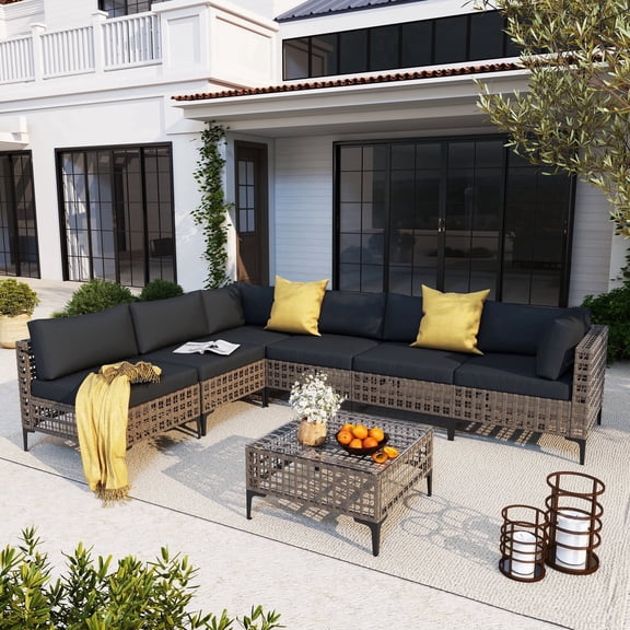 JOIVI 7 Pieces Patio Furniture Set, Outdoor Sectional Sofa Set with Cushion and Coffee Table, 7-Piece PE Rattan Conversation Set for Deck, Porch, Backyard, Black