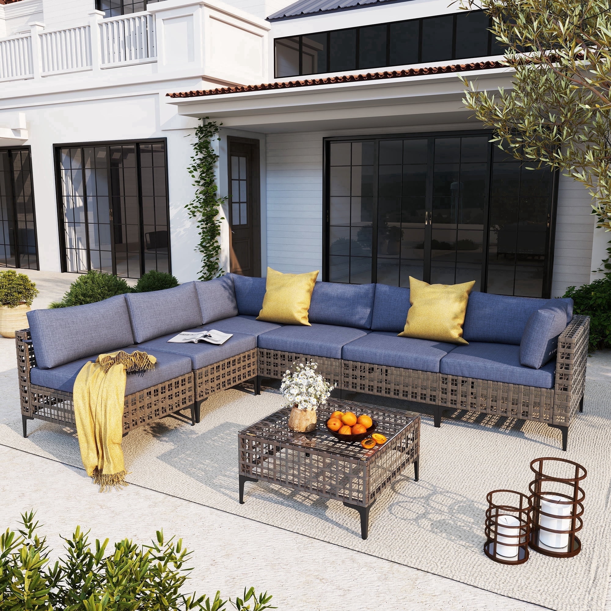 JOIVI 7 Pieces Patio Furniture Set, Outdoor Sectional Sofa Set with Cushion and Coffee Table, 7-Piece PE Rattan Conversation Set for Deck, Porch, Backyard, Denim Blue
