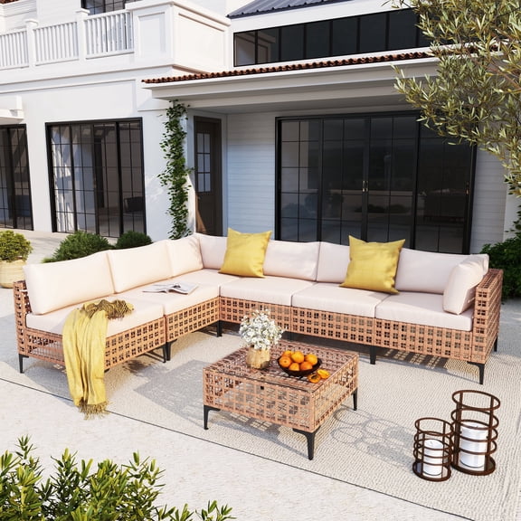 JOIVI 7 Pieces Patio Furniture Set, Outdoor Sectional Sofa Set with Cushion and Coffee Table, 7-Piece PE Rattan Conversation Set for Deck, Porch, Backyard, Off-White