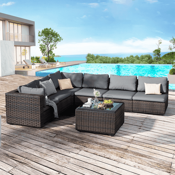 7 Pieces Patio Furniture Set Outdoor Sectional Sofa, All Weather Outdoor Sectional PE Rattan, Patio Conversation Sets with Cushions and Glass Coffee Table for Garden Lawn Balcony Porch Deck,Grey