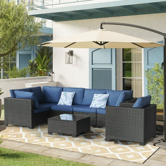 7 Pieces Patio Furniture Set, Outdoor Sectional Sofa with Table, Wicker Rattan Patio Conversation Couch with Blue Cushions and Pillows