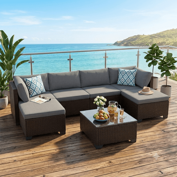 7-Piece Patio Furniture Set, PE Rattan Outdoor Couch with Cushions and Glass Coffee Table, Wicker Sofa Set for Backyard, Porch, Garden, Balcony - Gray