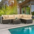 thumbnail image 1 of 7 Pieces Patio Furniture Set,Wicker Outdoor Conversation Set,Rattan Sectional Sofa Set w/Washable Cushions & Glass Coffee Table for Porch Poolside Backyard-Brown/Brown, 1 of 15