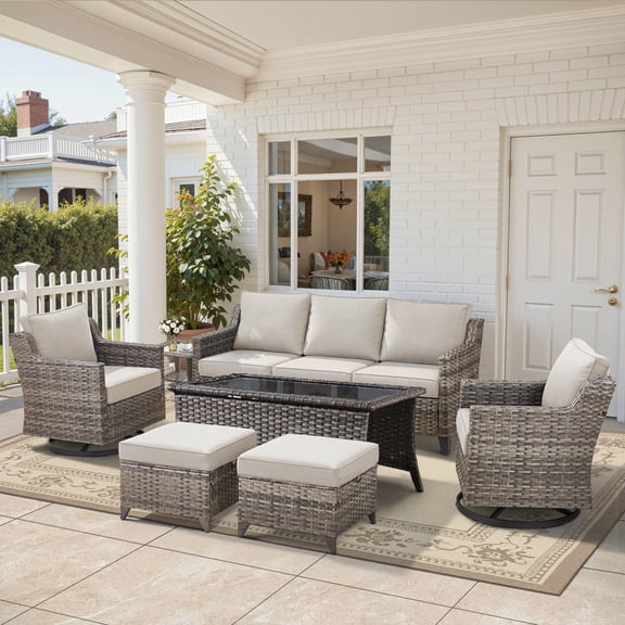 7 Pieces Patio Furniture Sets with Swivel Chairs,All-Weather Outdoor Patio Conversation Sets with High Back Outdoor Swivel Rocker Chairs,Couch,Coffee Tabel and Ottomans for Porch Deck Backyard
