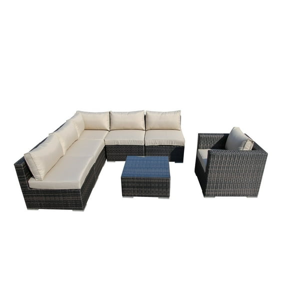 7 Pieces Patio Sofa Set, Aluminum Frame Full Assembled Outdoor Sectional Rattan Sofa Set, All Weather Mix Brown Wicker Conversation Set with Beige Cushions and Throw Pillows