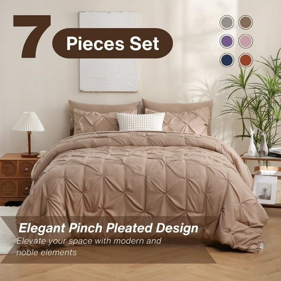 Sheet&Joy 7 Pieces Pinch-Pleated Comforter Set, Khaki King Size