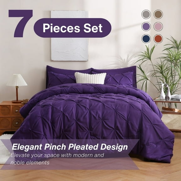 7 Pieces Pinch-Pleated Comforter Set, Purple Queen Size