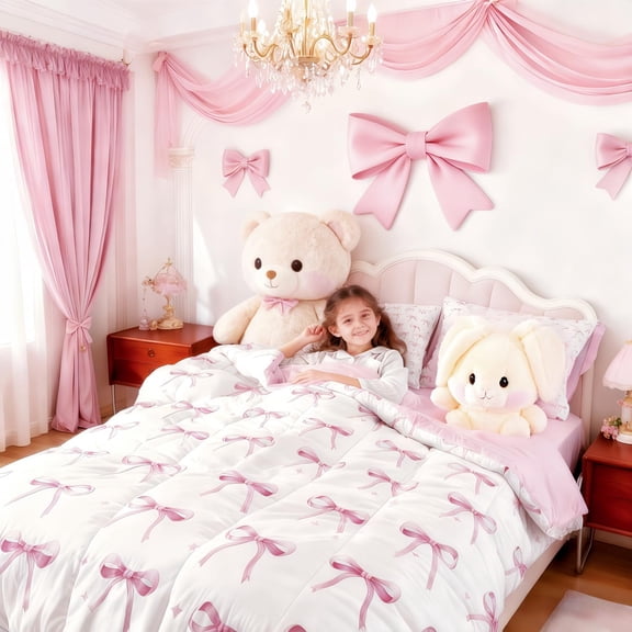 7 Pieces Pink Bowknot Kids Bedding Twin,Cartoon Bow Tie Comforter Sets with Sheets Butterfly Knot Princess Watercolor Bow Comforter+Fitted+Flat Sheet+2 Pillowcases+2 Throw Pillow Covers