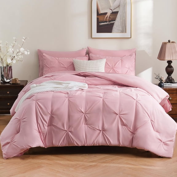 7 Pieces Pink Queen Comforter Set for Women, Pintuck Bed in A Bag Queen, Pinch Pleat Bed Set, Soft Microfiber All Season Bedding Set with Sheets, Pillowcases & Shams