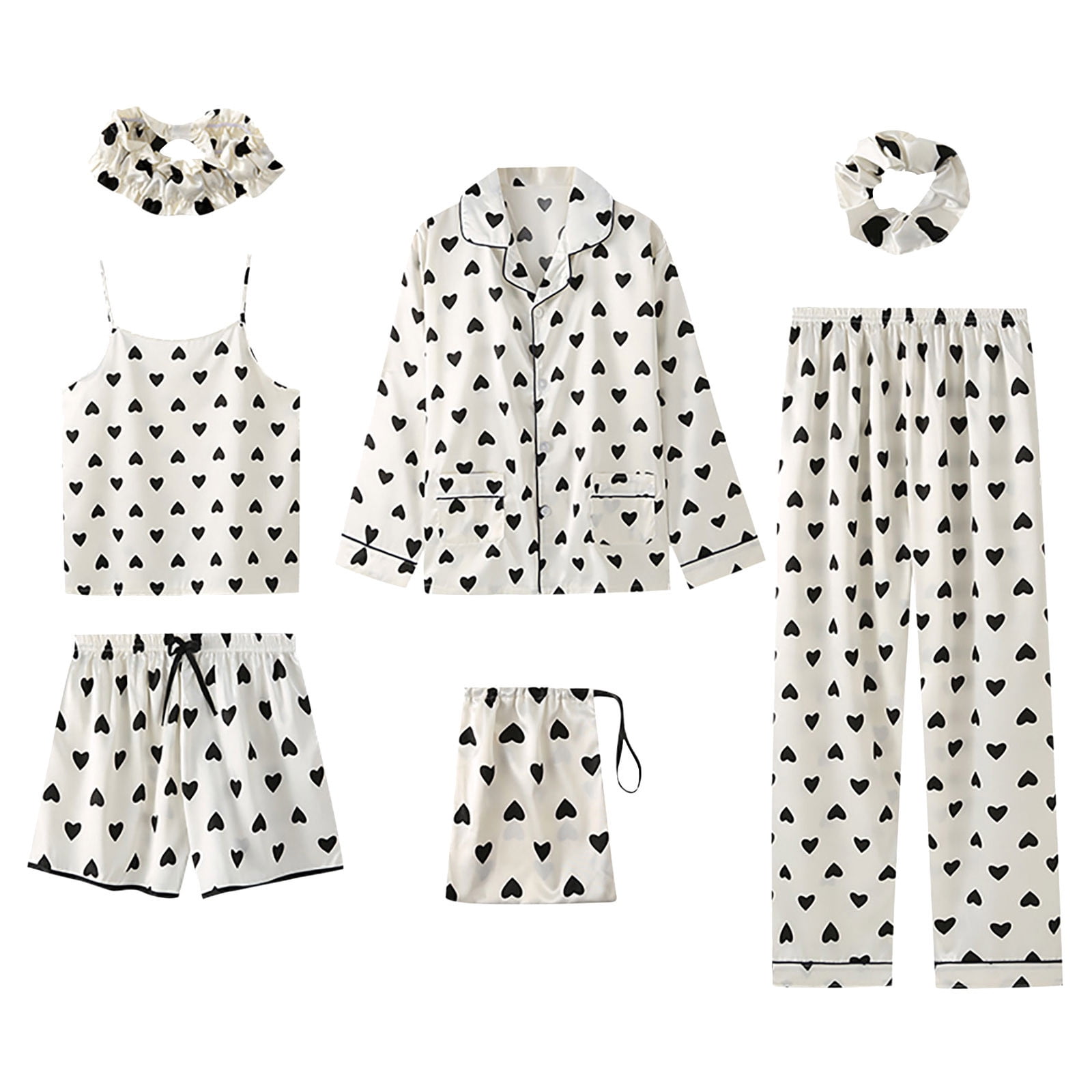 7 Pieces Print Pajama Set for Women Satin Sleepwear Cami Shorts with Button Down Long Sleeve Shirt and Eye Mask