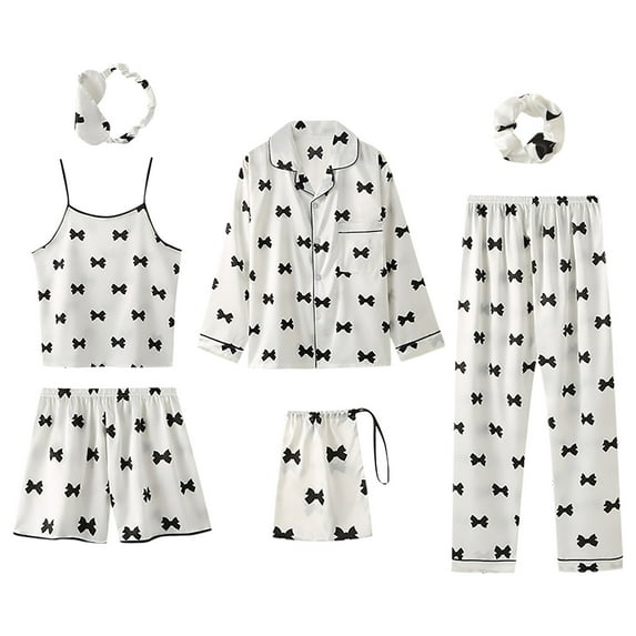 7 Pieces Print Pajama Set for Women Satin Sleepwear Sexy Cami Shorts with Button Down Long Sleeve Shirt and Eye Mask