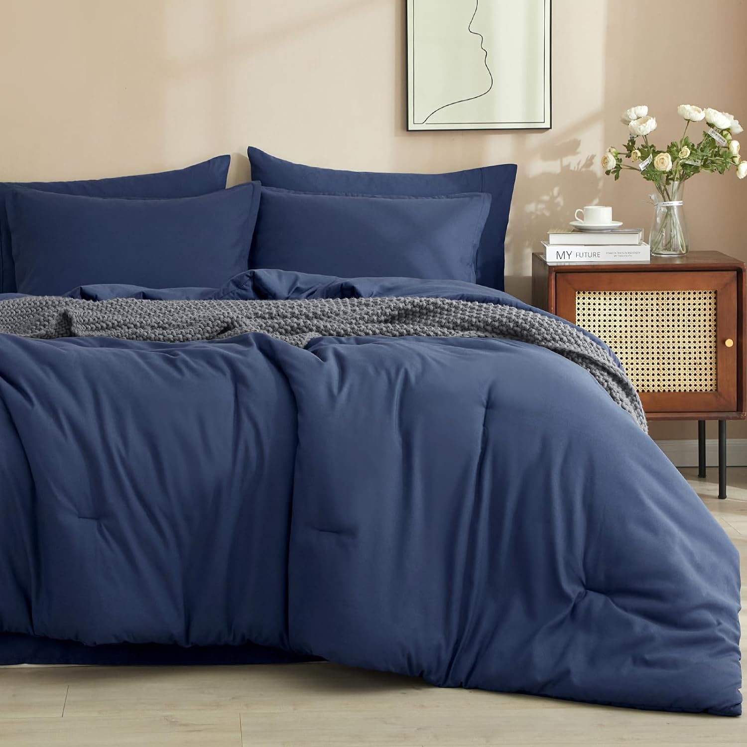 7 Pieces Queen Comforter Set, Bed in A Bag Comforter & 18" Sheet Set Season, Ultra Soft Comfy Bedding Sets with Comforter, Sheets, Pillowcases & Shams, Navy Blue
