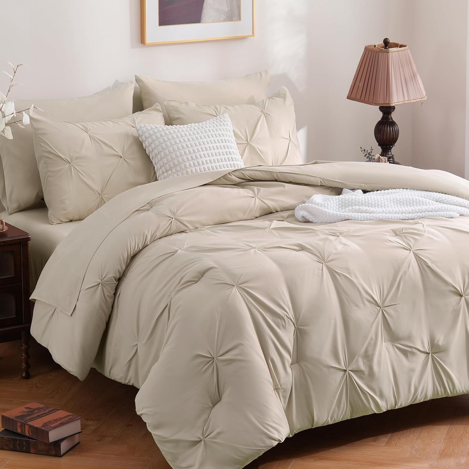 7 Pieces Queen Comforter Set, Beige Pintuck Bed in A Bag Queen, Pinch ...