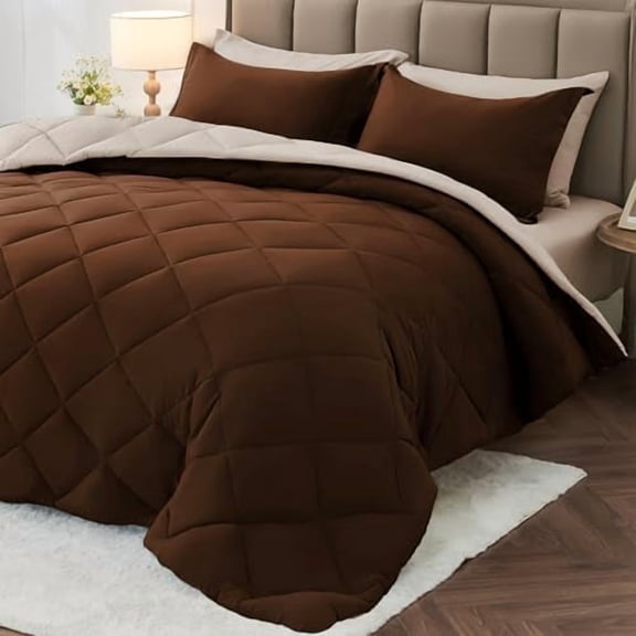 7 Pieces Queen Comforter Set, Reversible Bed in a Bag Queen Size, All Season Bedding Set with Comforter, Flat Sheet, Fitted Sheet, Pillowcases & Shams, Brown & Khaki