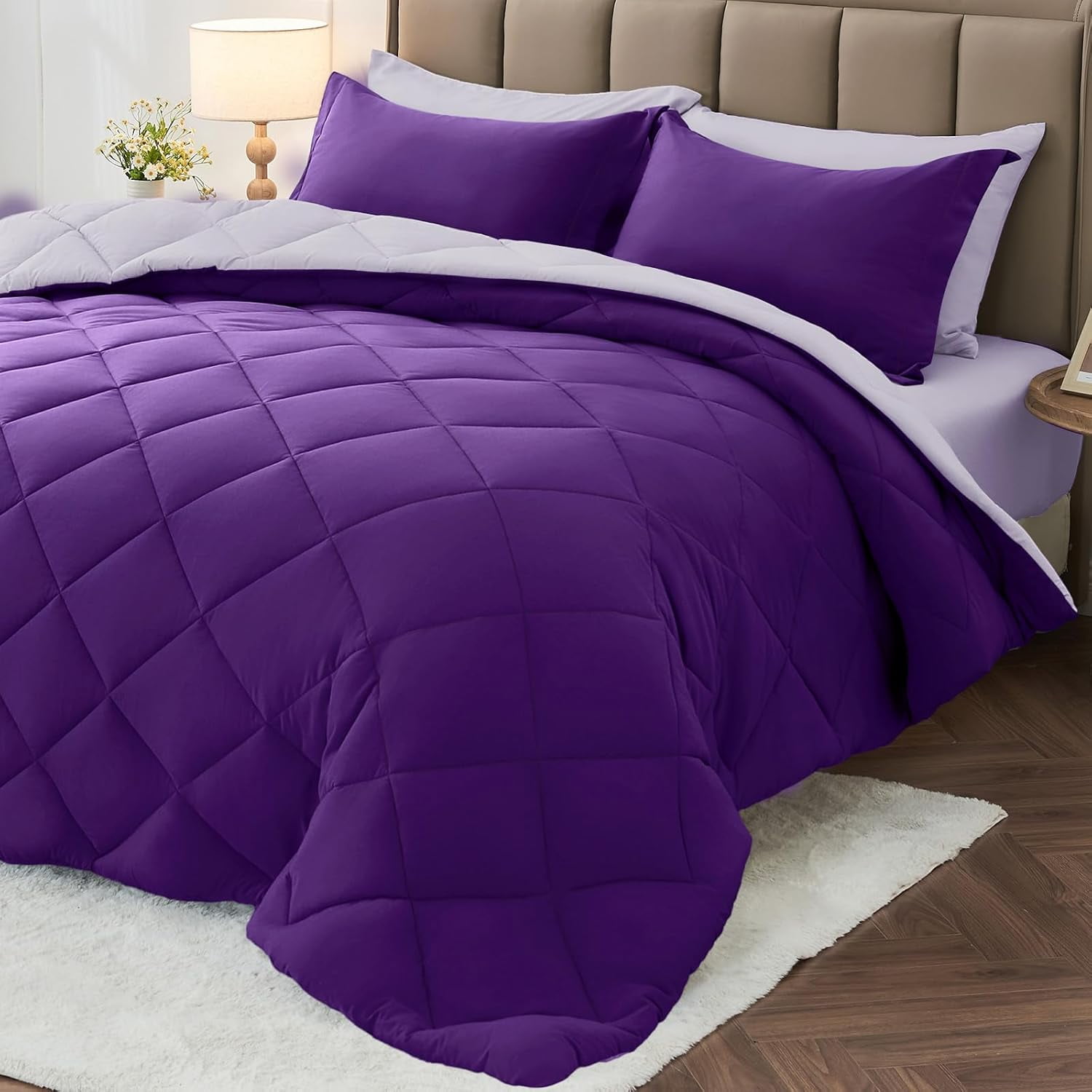 7 Pieces Queen Comforter Set, Reversible Bed in a Bag Queen Size, All Season Bedding Set with Comforter, Flat Sheet, Fitted Sheet, Pillowcases & Shams, Purple & Lavender