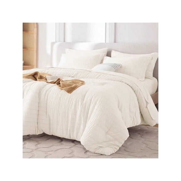 7 Pieces Queen Comforter Set Seersucker Bed In A Bag Queen Size All Season Luxury Bedding Set With Comforter Flat Sheet Fitted Sheet Pillowcases Shams Ivory