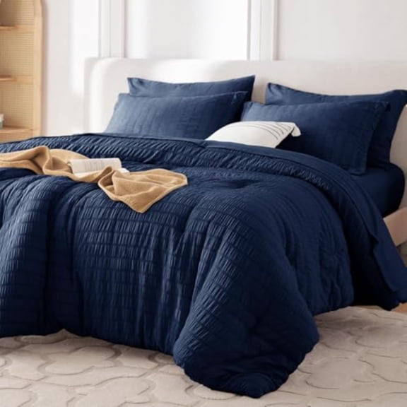 7 Pieces Queen Comforter Set Seersucker Bed in a Bag Queen Size All Season Luxury Bedding Set with Comforter Flat Sheet Fitted Sheet Pillowcases and Shams Navy Blue