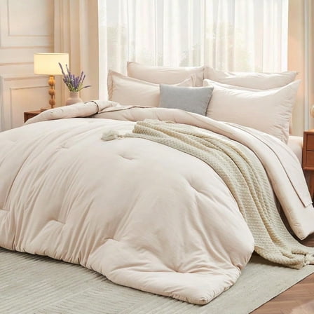 7 Pieces Queen Comforter Set Soft Bed in a Bag Queen Size All Season Bedding Set with Comforter Flat Sheet Fitted Sheet Pillowcases Shams Beige