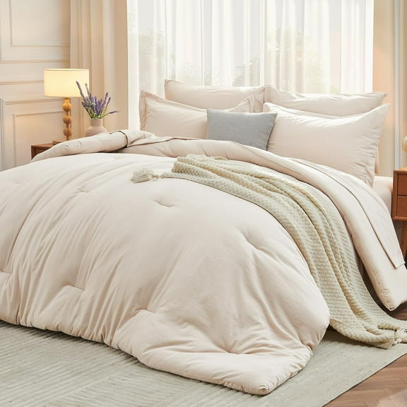7 Pieces Queen Comforter Set, Soft Bed in a Bag Queen Size, All Season Bedding Set with Comforter, Flat Sheet, Fitted Sheet, Pillowcases & Shams, Beige