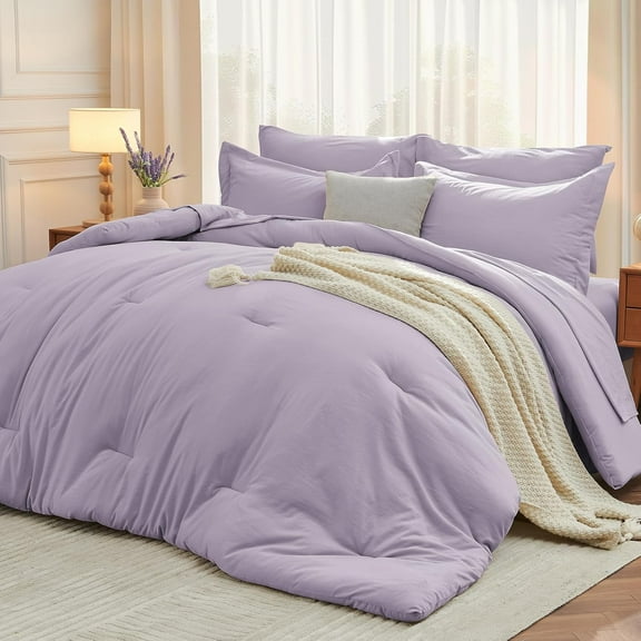 7 Pieces Queen Comforter Set, Soft Bed in a Bag Queen Size, All Season Bedding Set with Comforter, Flat Sheet, Fitted Sheet, Pillowcases & Shams, Lavender