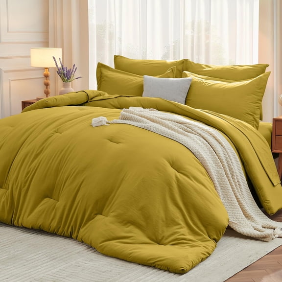 7 Pieces Queen Comforter Set Soft Bed In A Bag Size All Season Bedding With Flat Sheet Fitted Pillowcases & Shams Mustard Yellow