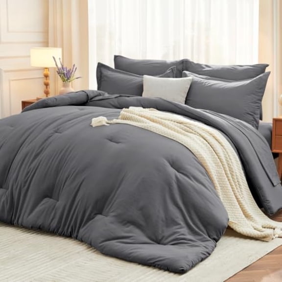 7 Pieces Queen Comforter Set Soft Bed in a Bag Queen Size All Season Bedding Set with Comforter Flat Sheet Fitted Sheet Pillowcases Shams Dark Grey