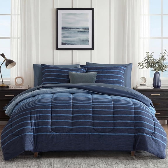 7 Pieces Queen Size Gray Striped All Season Bedding Set, Complete Bed Kit with Sheets and Pillowcases