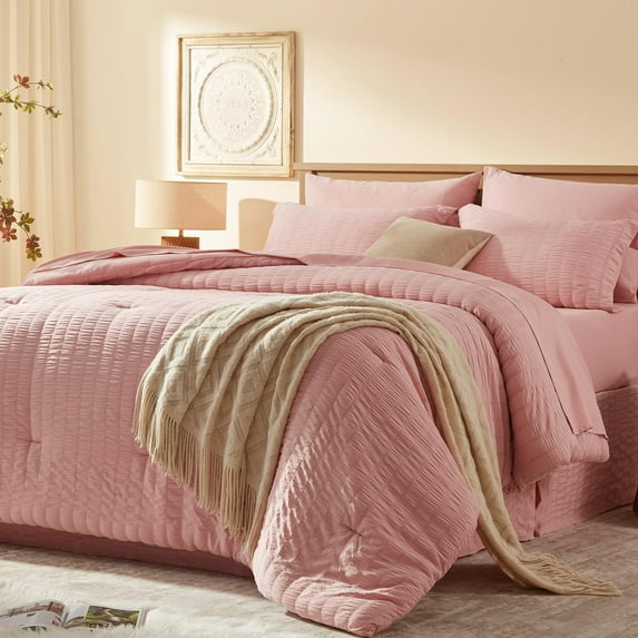 7 Pieces Queen Size Pink Seersucker Luxury Bedding Set, All Season Complete Bed in a Bag with Comforter, Sheets, Pillowcases and Shams