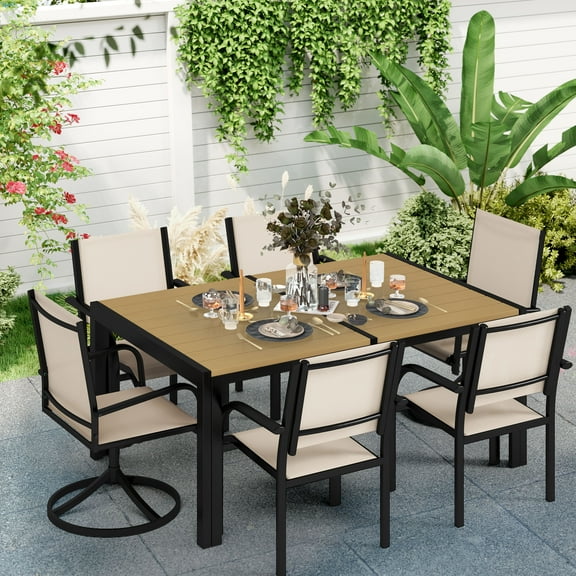 Patio Dining Set, Enyopro 7 Piece Outdoor Dining Set for 6, Patio Dining Furniture set with Swivel Textilence Chairs and Dining Table, for Garden Patio Backyard, Beige