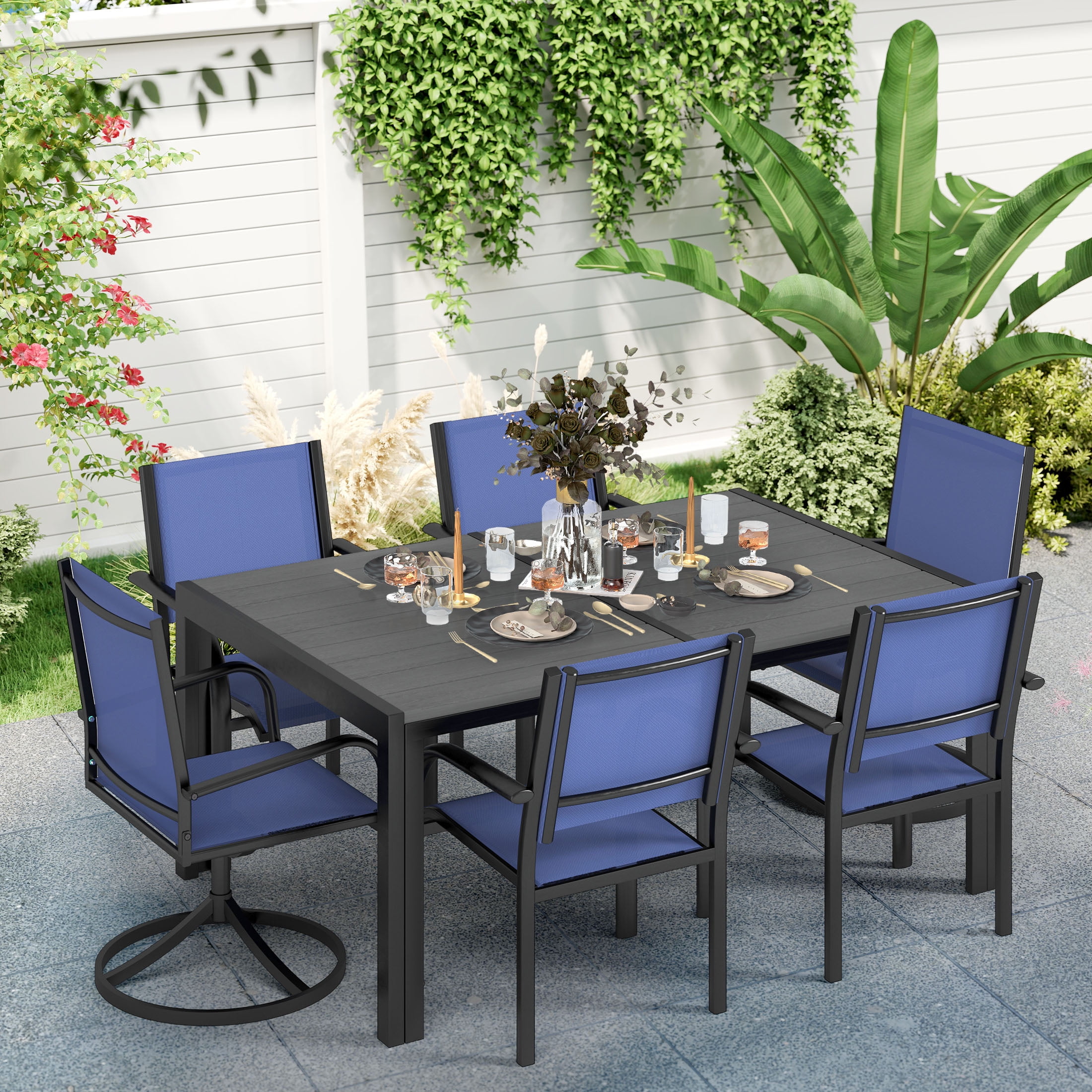 Patio Dining Set, Enyopro 7 Piece Outdoor Dining Set for 6, Patio Dining Furniture set with Swivel Textilence Chairs and Dining Table, for Garden Patio Backyard, Blue