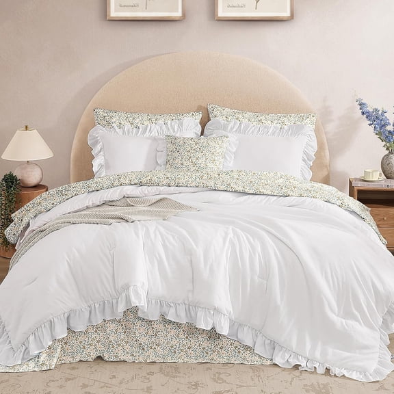7-Pieces Sage Green Ruffle Bedding Set, Shabby Farmhouse Floral Style Queen Size All-Inclusive Bed Suit