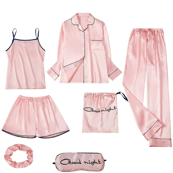 7 Pieces Satin Pajamas for Women Cozy Printed Sleepwear Loungewear Gifts Tops-Pants-Tank(Bra pad)-Shorts-Blindfold-Hair Tie-Pouch Pink,XL