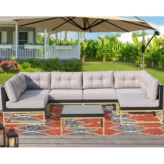 7 Pieces Sectional Wicker Patio Sofa Sets, SEGMART All-Weather Outdoor Metal Patio Furniture Set with 2 Corner Sofa, Metal Table, 2 Mid Seats, Cushions, 4 Armless Sofas, 330lbs, Grey, S8371