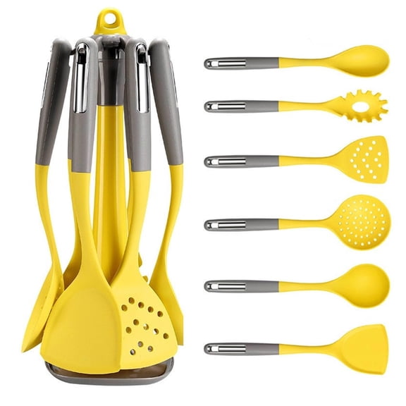 7 Pieces Silicone Cooking Utensils Set with Rotating Storage Stand, Non-Stick Heat Resistant Kitchen Gadgets with Ergonomic Handles, Essential Kitchen Tool Set (Yellow)