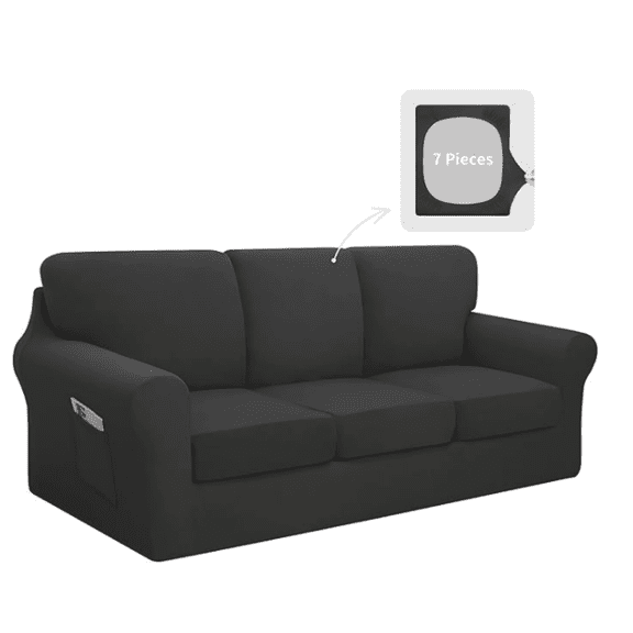 7 Pieces Stretch Couch Cover Washable Sofa Cover Set for 3 Backrest and Seat Cushion Couch Anti-Slip Sofa Slipcover Furniture Protector with Elastic Bottom (Large, Dark Grey)