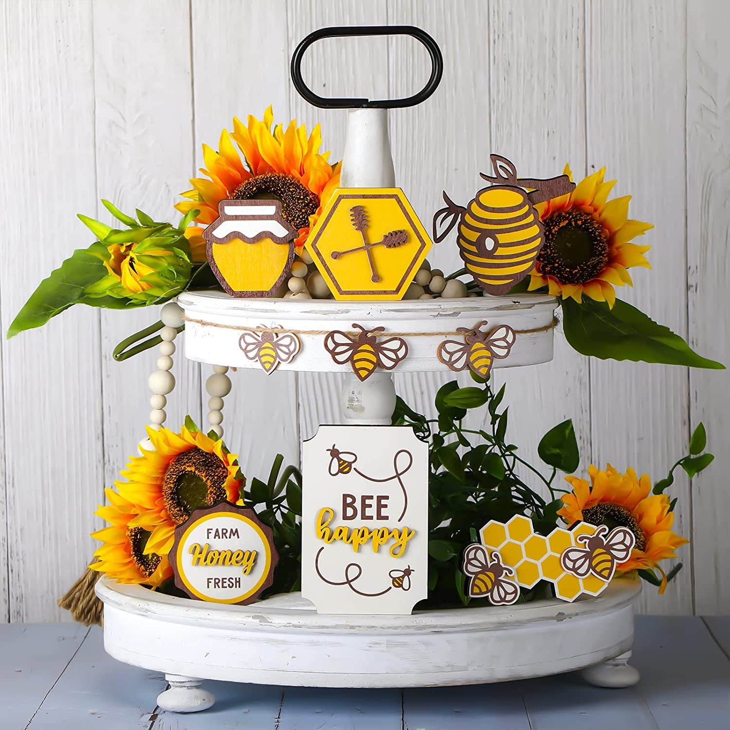 Honey Bee Decor,7pc Bee Tiered Tray Decor,Include Gnomes Plush, Artificial Sunflower,4 Bee Signs,Wood Bead garland,Summer Farmhouse Tiered Tray and