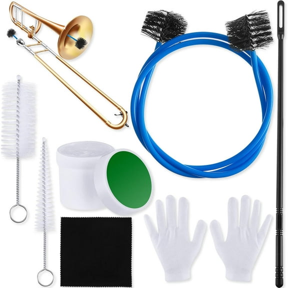7 Pieces Trombone Care Cleaning Kit Maintenance Kit Flexible Brush Slide Grease Mouthpiece Brush Valve Cleaning Cloth Casing Rod White Gloves for Instruments