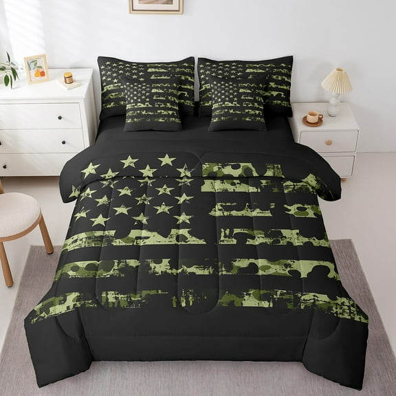 7 Pieces Twin American Flag Bedding Sets Camouflage Comforter Set, Usa Federations Stars Sheet Set, Geometric Stripes Camo Bed Sets For Teens Adult Army Green Bedding Comforter Sets