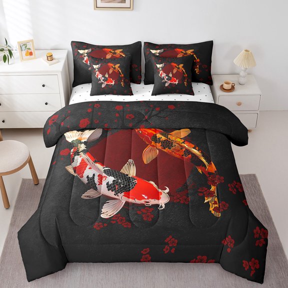 7 Pieces Twin Size Koi Fish Comforter Set,Marine Animals Cherry Blossom Branch Romantic Bedding Set,Japanese Ukiyo-e Red Black(Comforter+Fitted+Flat Sheet+2 Pillowcases+2 Throw Pillow Covers