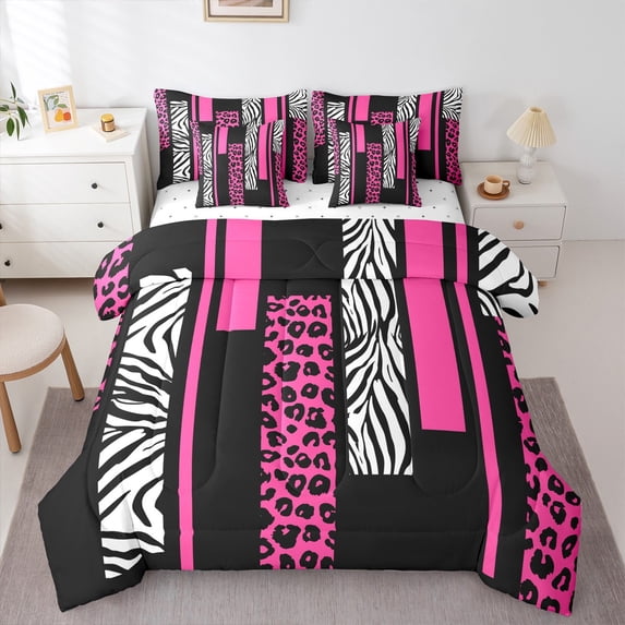 7 Pieces Twin Size Leopard Zebra Comforter Set,Cheetah Animals Rustic Bedding Set,Geometric Squares Patchwork Pink Romantic(Comforter+Fitted+Flat Sheet+2 Pillowcases+2 Throw Pillow Covers)