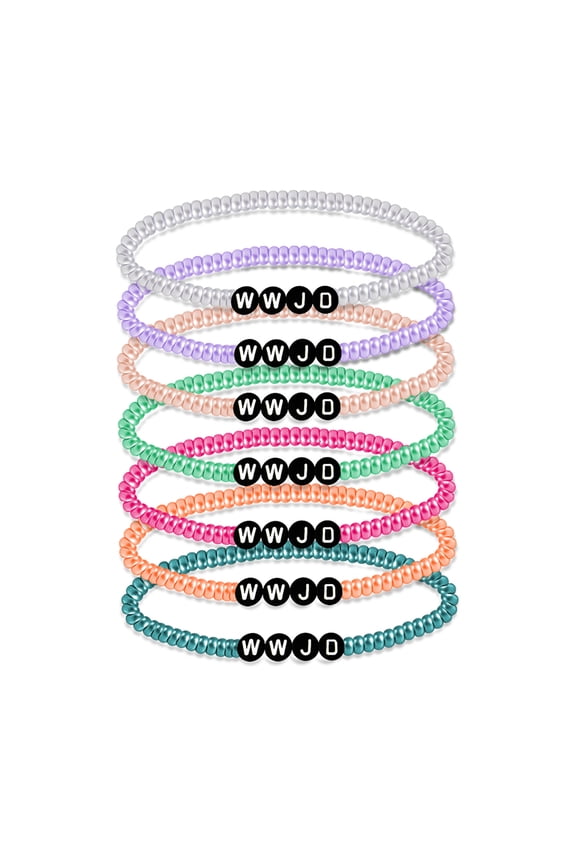 7 Pieces WWJD Elastic Bracelets Stretch Beaded Bracelets Religious Colorful What Would Do Bracelets Resin