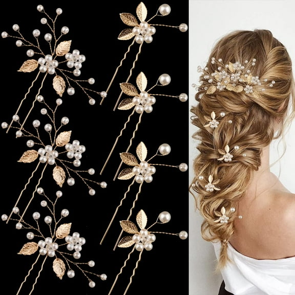 7 Pieces Wedding Hair Pins Gold Leaf Bride Headpiece Pearl Wedding Hair Styling Pins Hair Accessories Flower Hair Accessories for Brides Bridesmaids Girls (Elegant)