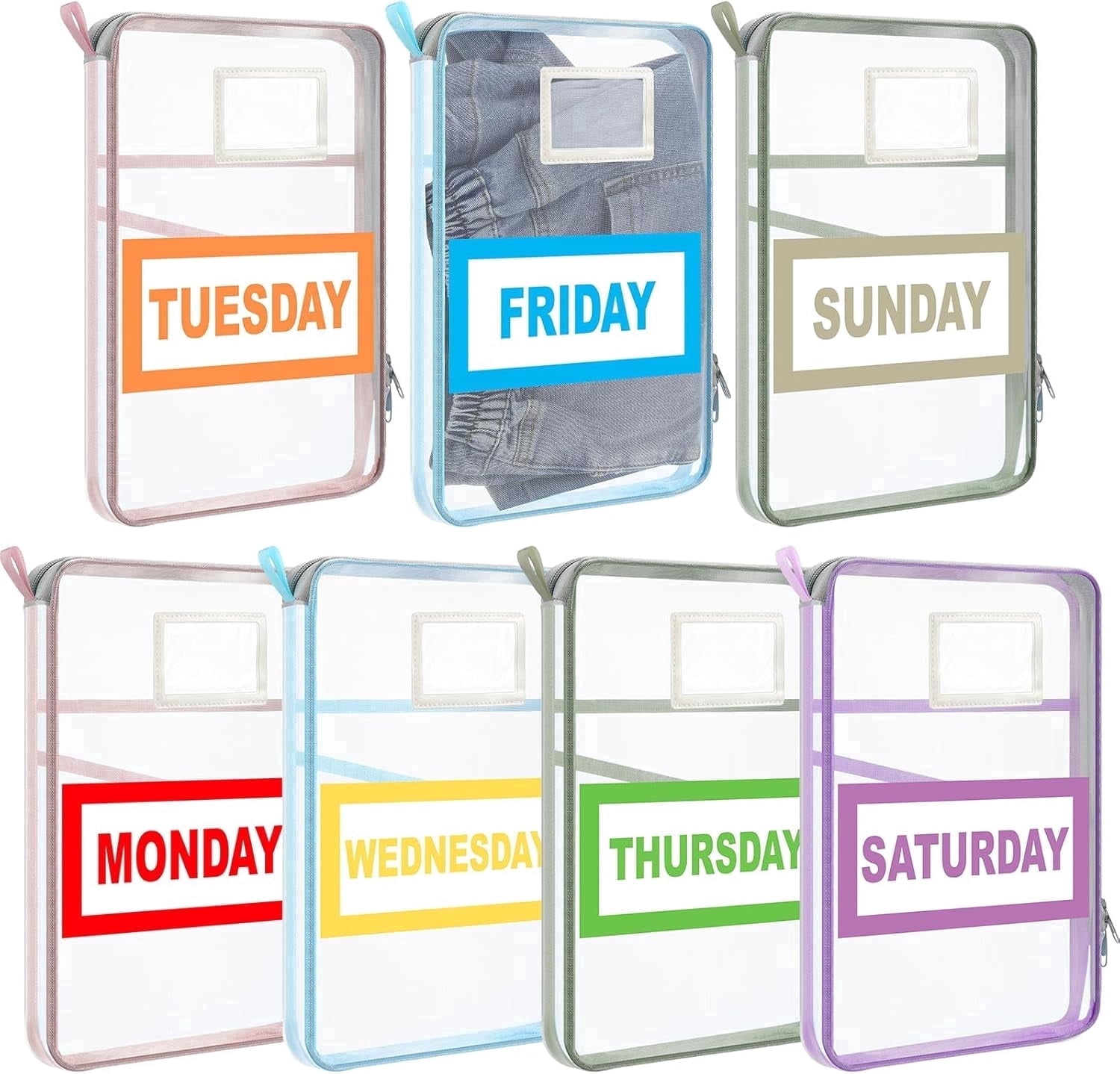 FEIYONG 7Pcs Weekly Packing Cubes Set, Clear Zippered Travel Storage Bags, Lightweight Portable Clothing Organizer Pouches for Summer Camp Travel