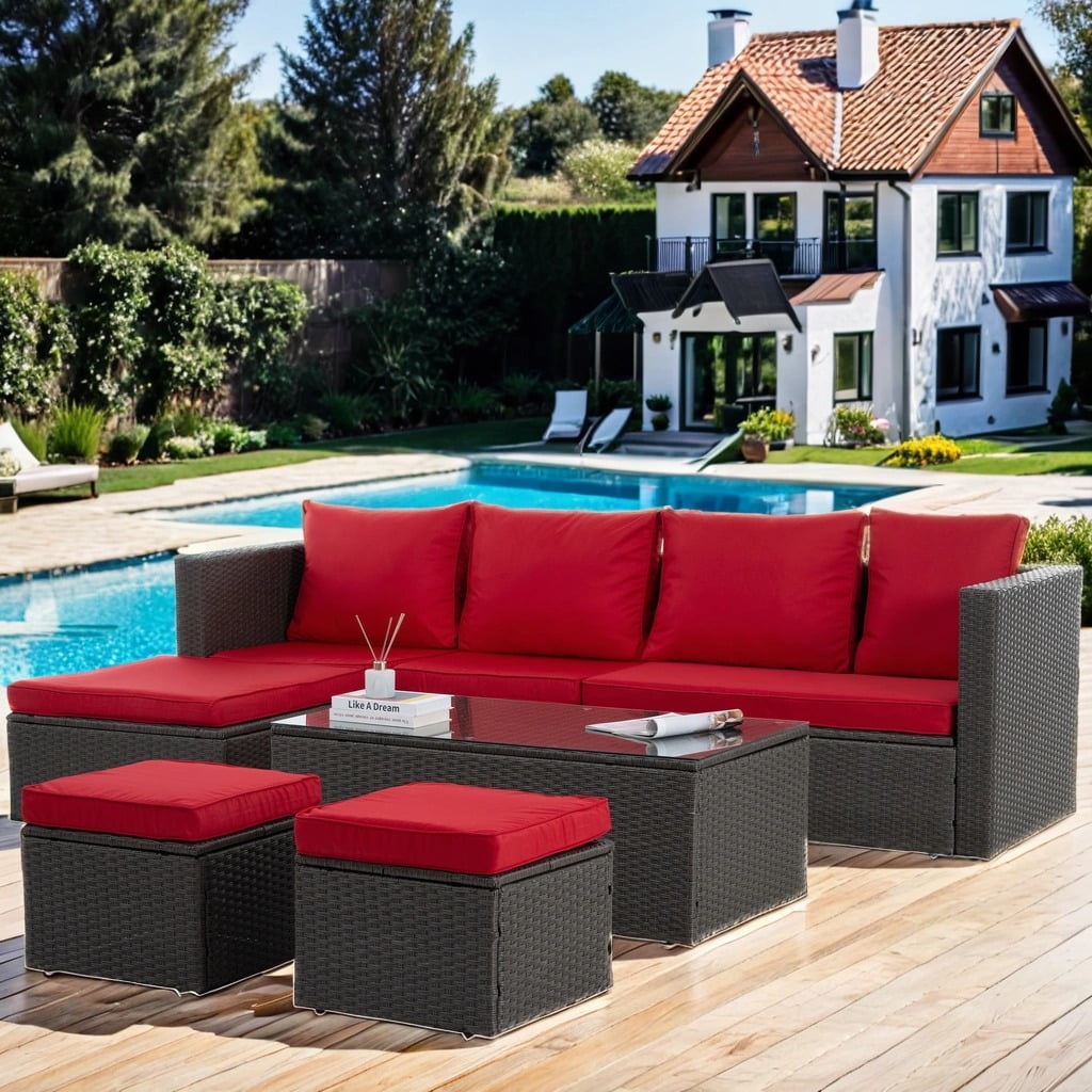 7-Piece Red Cushioned Dark Gray Wicker Outdoor Sectional Sofa Set