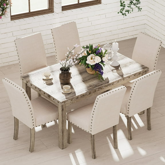 7 Pieces Wooden Dining Table Set Rustic Rectangle Table and Upholstered Chair for Kitchen, Restaurant-Fortmok