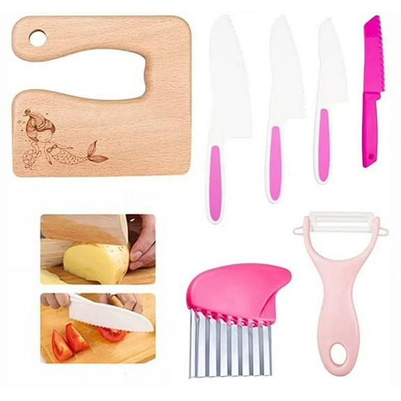 7 Pieces Wooden Kids Kitchen Knife Include Wood Kids Safe Knives Serrated Edges Toddler Knife Potato Slicers Cooking Knives Kids Plastic Knife for Kitchen Children (Mermaid)