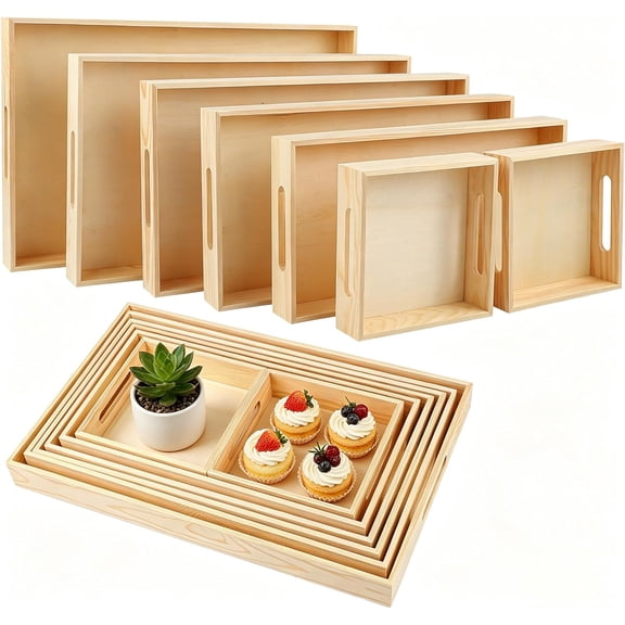 7 Pieces Wooden Trays, Wooden Nested Serving Trays, Rectangular Shape Wood Serving Tray with Handles for Kitchen Party Dinner Snacks